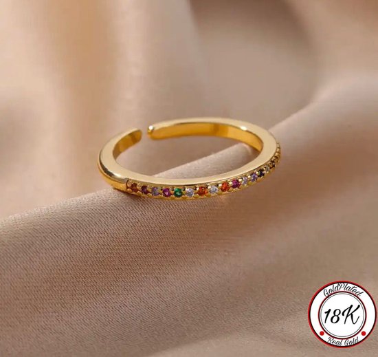 Soraro Rainbow Zirkonia Ring | Regenboog | Goudkleurig | 18K Goldplated | Zirkonia Stenen | Vrouwen Sieraden | Dames Ringen| Vrouwen Ringen
