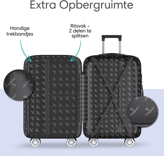 Zwarte Voyageux koffer geopend om de 'Extra Opbergruimte' te tonen met pakbanden en een ritsvak.
