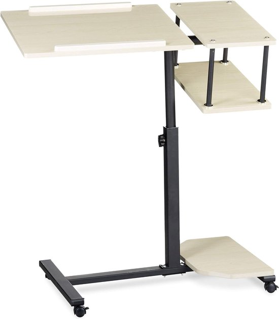 Bureau laptoptafel op wieltjes, XL, verstelbaar, 2-delig tafelblad, 2 extra oppervlaktes, met anti-slipbalkjes, crème