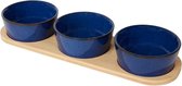 Serveerschalen op bamboe plank - Blauw - Bamboe / Aardewerk - 3 Schaaltjes - 4 Delige set - Tapas Schaaltjes - Serveerschaaltjes