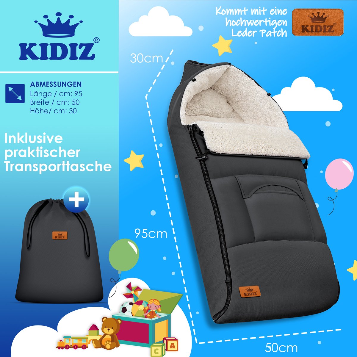 KIDIZ® Voetenzak voor Autostoeltje en Buggy met Ritssluiting - Baby Slaapzak Deken voor Maxi-Cosi & Wandelwagen / Kinderwagen - Antraciet – foto 3