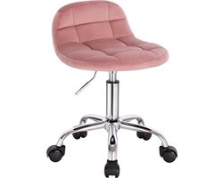 BukkitBow - Compacte Lage Kruk van Velvet/Fluweel - met Metalen Onderstel en Wielen - Hoogte instelbaar (43.5-55CM) - Roze