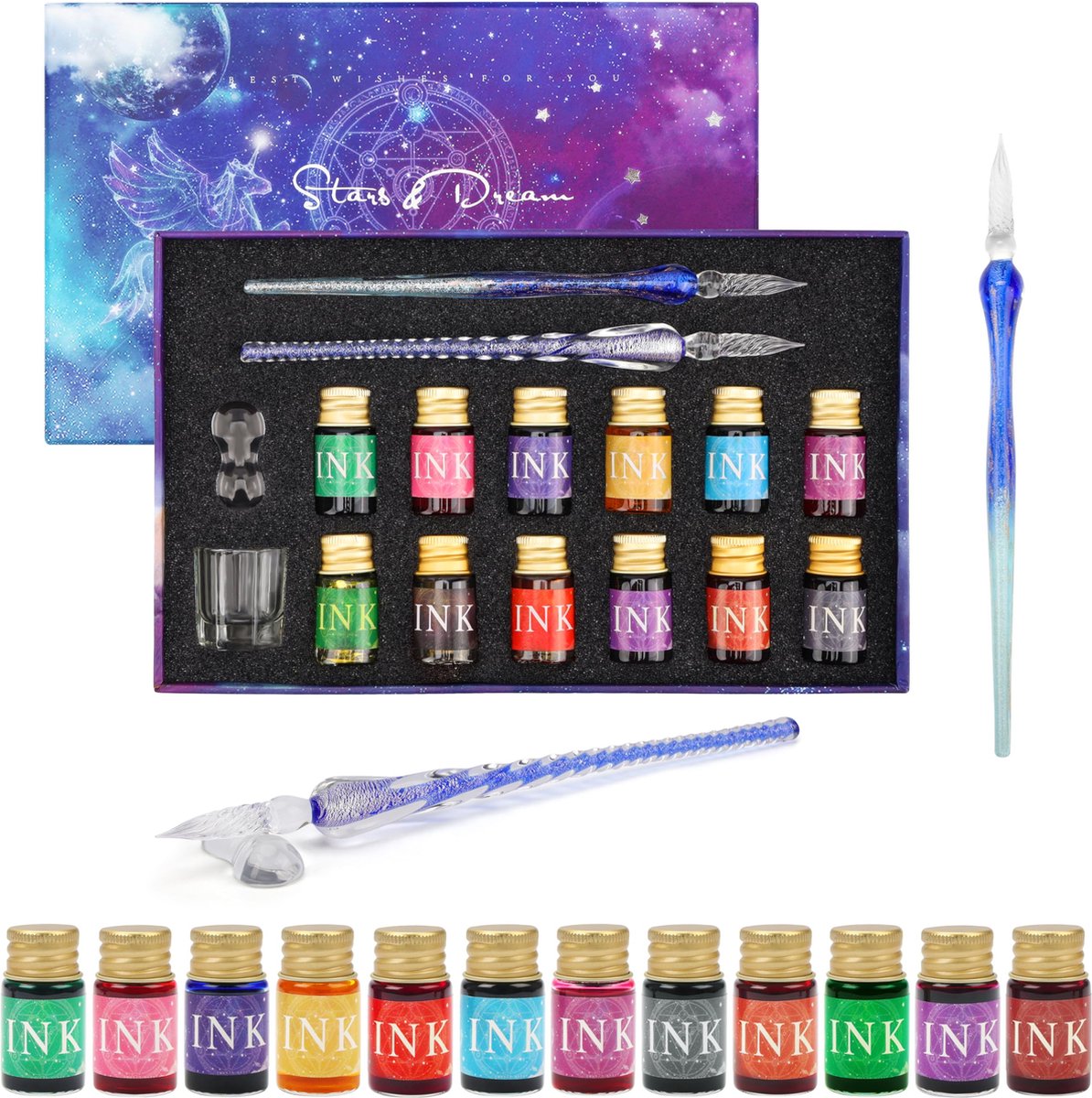BELLE VOUS 16-Delige Kalligrafie Pennen Set met Houder Inktflesjes en een Lege pot 2 Inkt Dip Pennen Ideaal voor Beginners en Volwassenen 12 Verschillend Gekleurde 7 ml Inkten