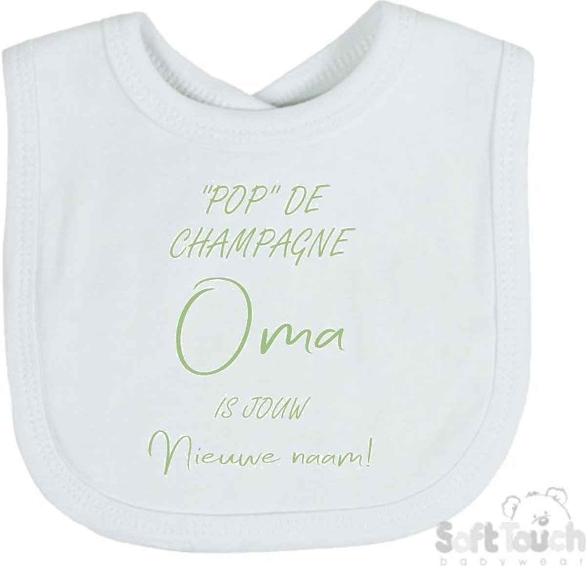 Goedkoopste Soft Touch Slabber Slabbetje Slab Pop de champagne Oma is jouw nieuwe naam! Unisex Katoen Wit/sage green (saliegroen) Maat 33x22 Cm