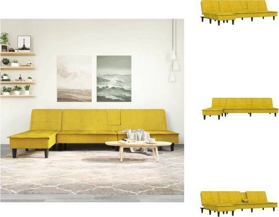 vidaXL L-vormige slaapbank - geel fluweel - inklapbare theetafel - 255 x 140 x 70cm - multifunctioneel - stevig frame - Bank