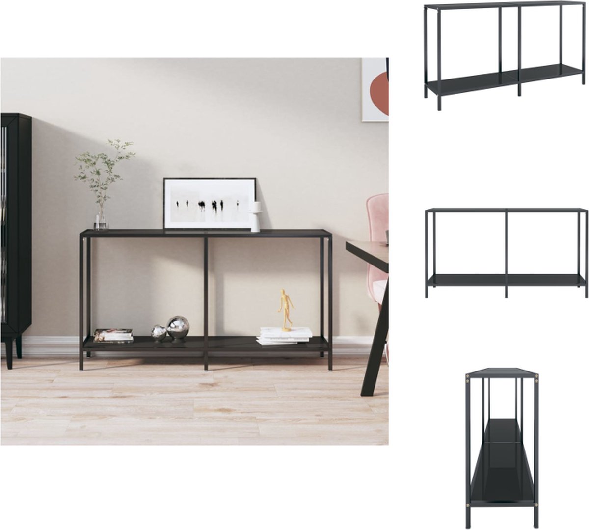 VidaXL Wandtafel naam Bijzettafels 140 x 35 x 75.5 cm Zwart Gehard glas en gepoedercoat staal Montage vereist Tafel