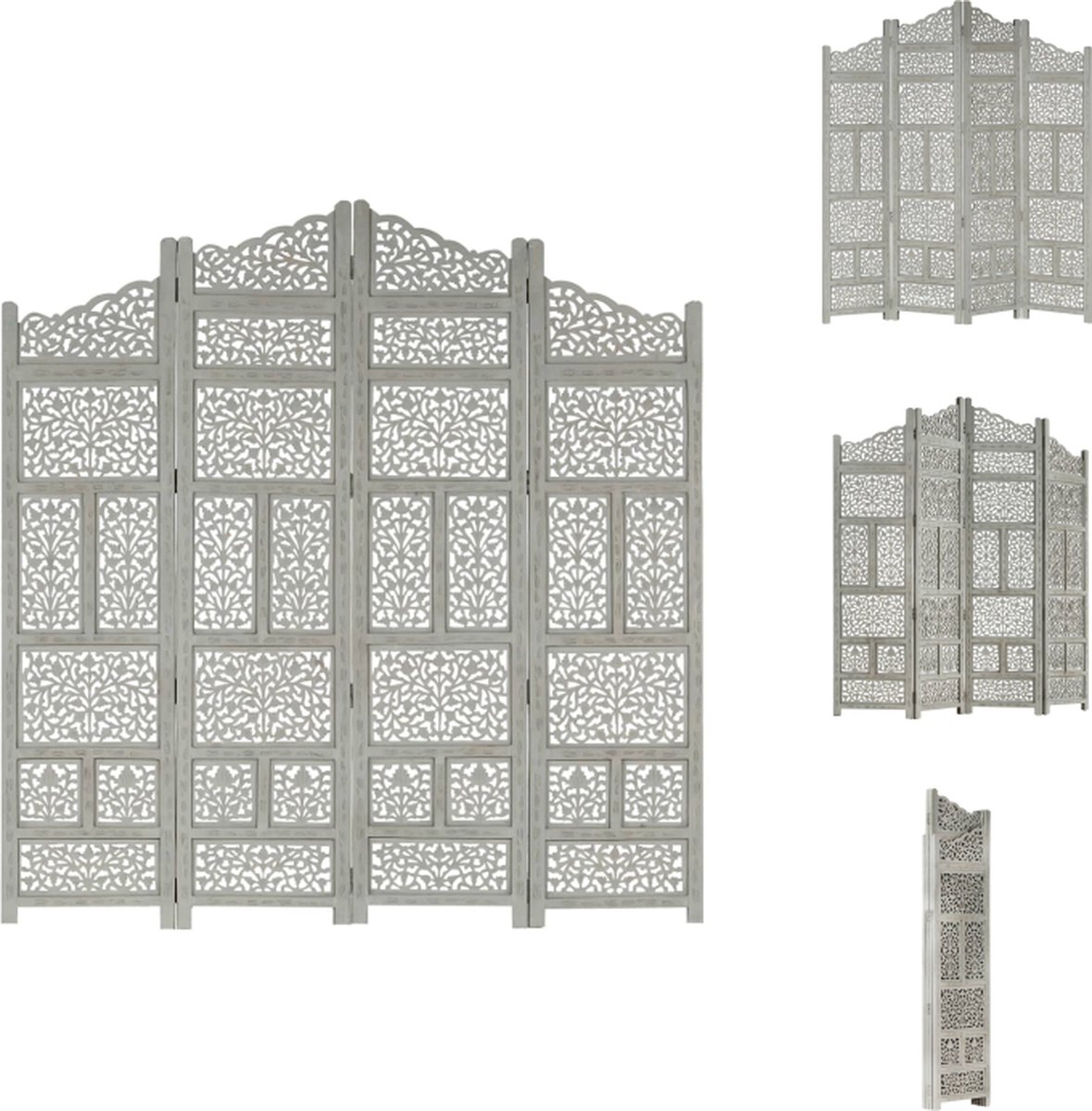 VidaXL Kamerscherm 160x165 cm MDF en Massief Mangohout Handgesneden Patroon Kamerscherm