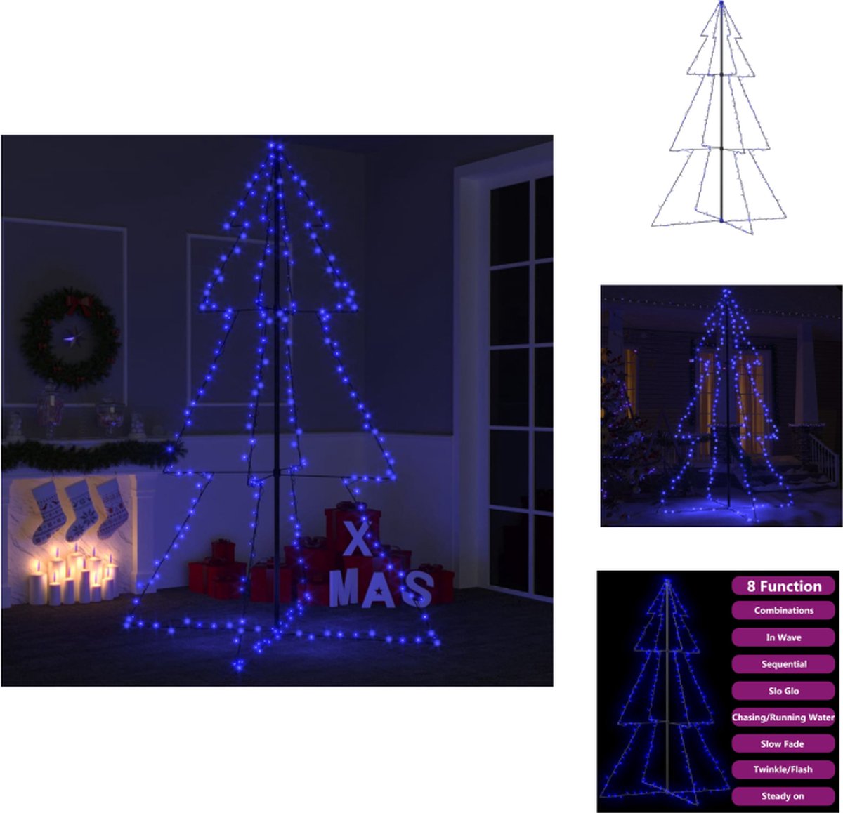 vidaXL Kegelboom 118x180 cm - LED - 240 LEDs - 8 lichteffecten - Blauw - Metaal - Decoratieve kerstboom