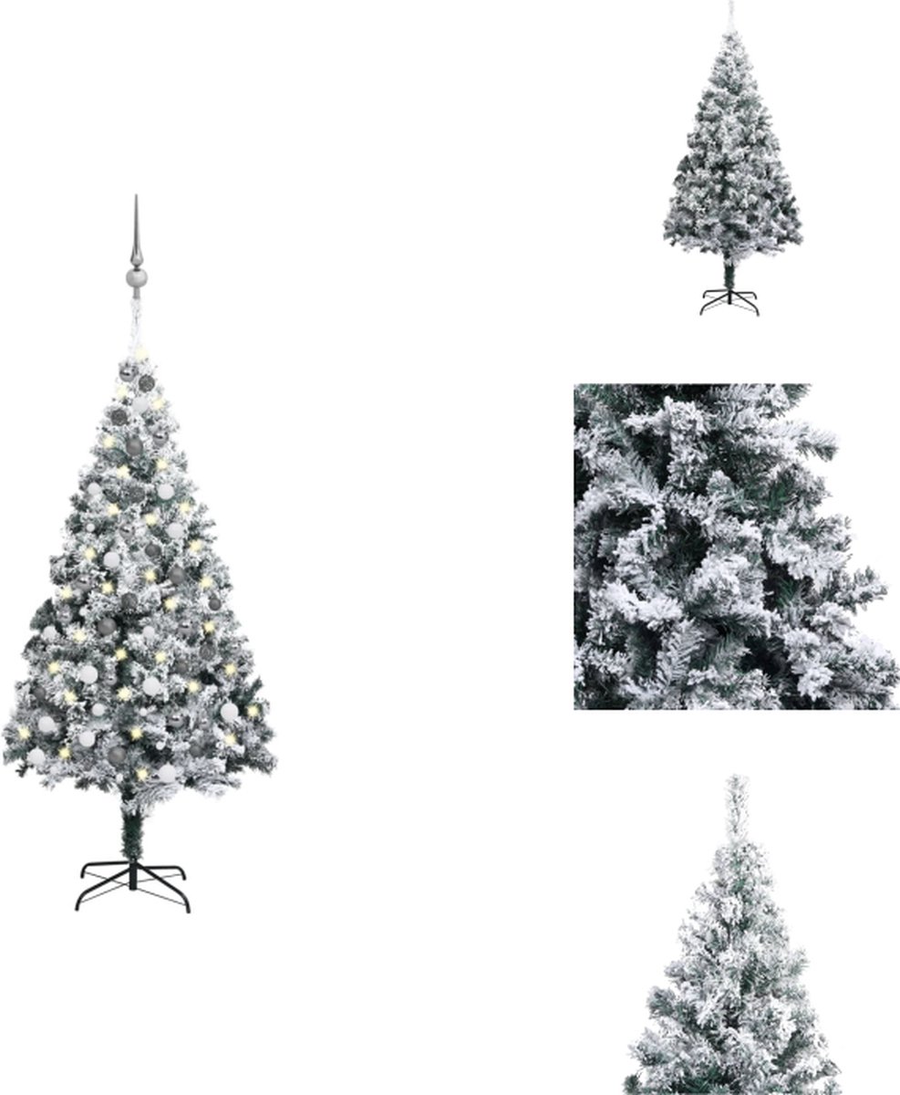 vidaXL Kunstkerstboom met LED-verlichting - 180 cm - groen - PVC - met witte sneeuw - extra dikke takken - inclusief standaard - LED-lichtslinger - piek en 61 kerstballen - vidaXL - Decoratieve kerstboom