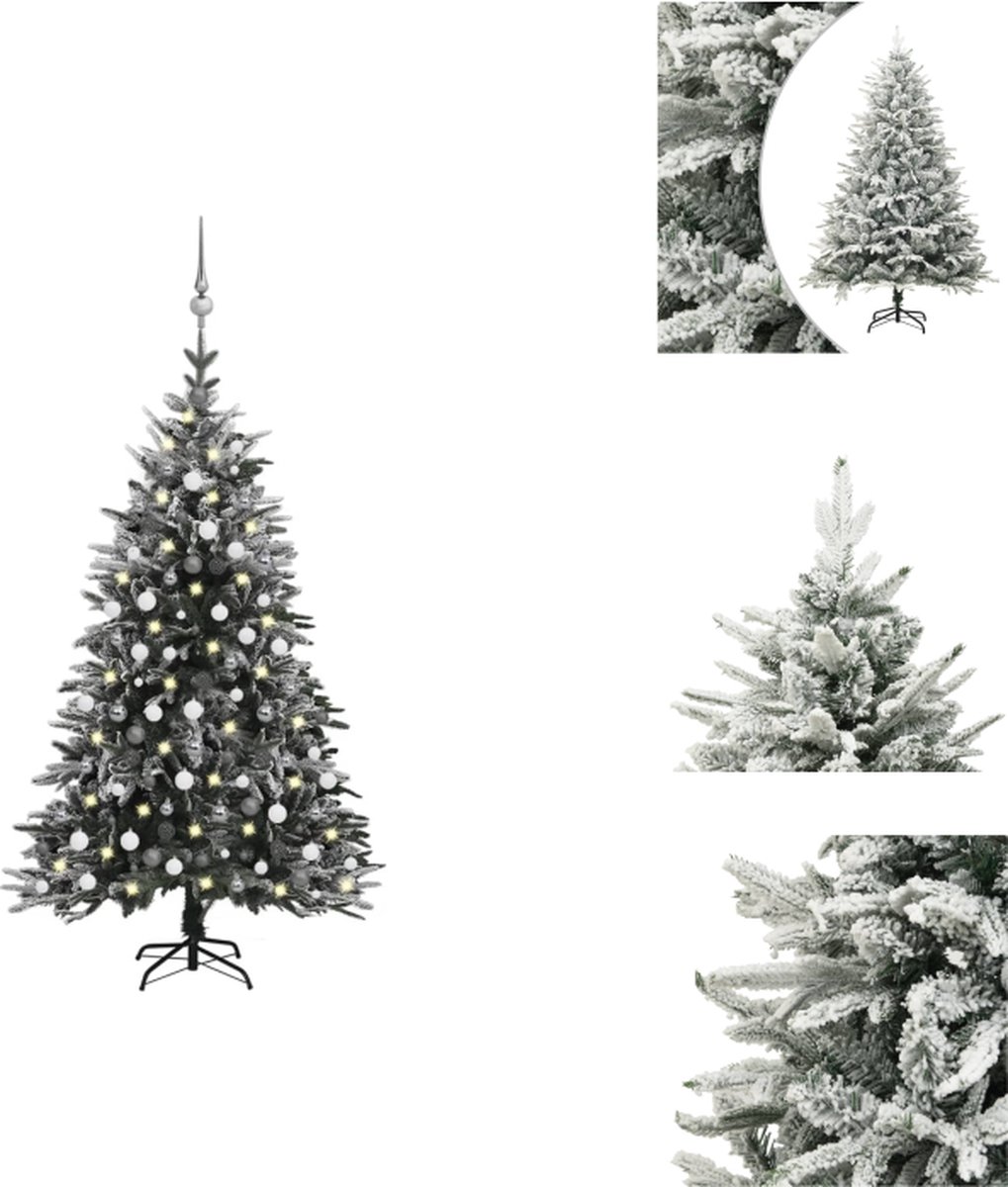 vidaXL Kunstkerstboom - Green Snowy - 210 cm hoog - PVC - PE - Inclusief standaard - LED-lichtslinger - Met piek en 120 kerstballen - vidaXL - Decoratieve kerstboom