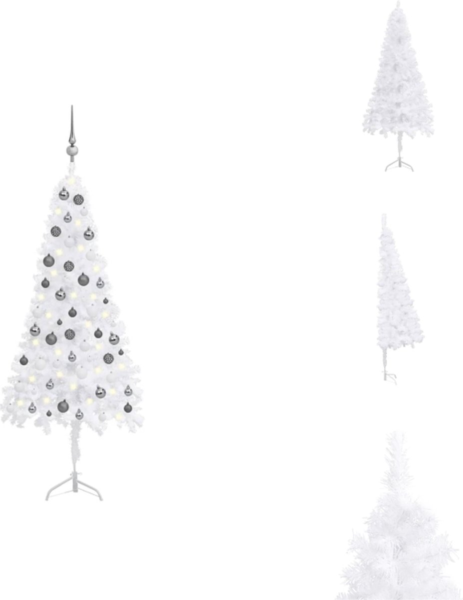 vidaXL Hoekkerstboom PVC Wit - 150 cm - LED-verlichting - Inclusief standaard en decoraties - Decoratieve kerstboom