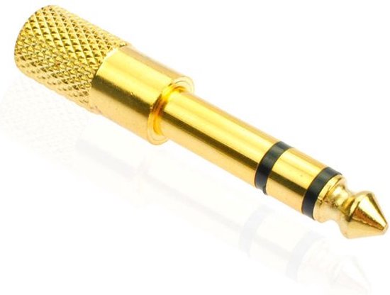 Gouden 6.35mm mannelijk naar 3.5mm stereo jack adapter met gekartelde grip.