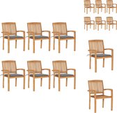 vidaXL Stapelbare Houten Tuinstoelen - Teakhout - 60x57.5x90 cm - Grijs kussen - 6 stoelen en kussens - Tuinstoel