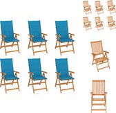 vidaXL Ensemble de chaises de jardin - Bois de teck - 57x71,5x109 cm - Coussin Blauw - Réglable - Pliable - 6 pièces - Chaise de jardin