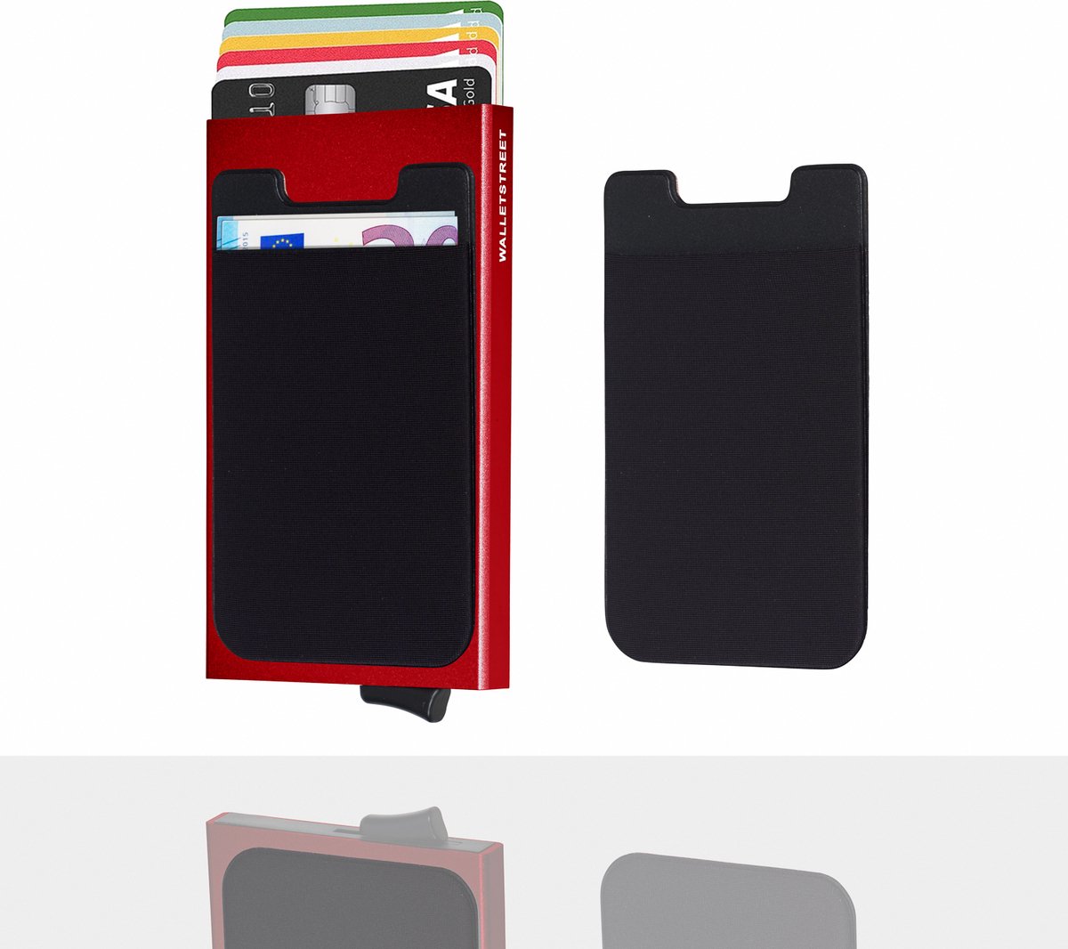 Walletstreet Uitschuifbare Pasjeshouder Slim-Fit Plus Collection Aluminium Creditcardholder/Card Protector Anti-Skim/ RFID 7 Pasjes Met Plakwallet – Voor Mannen & Vrouwen -Kerstcadeau Ideale Geschenk- Rood/Red