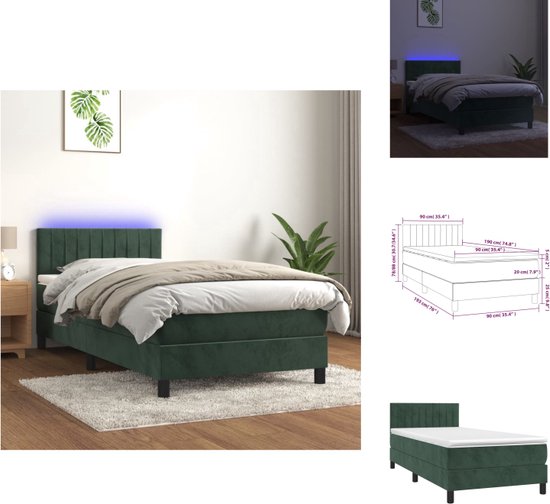 vidaXL Boxspring Essential - Fluweel - LED - Pocketvering - Topmatras - Groen - 193x90x78/88cm - Bed