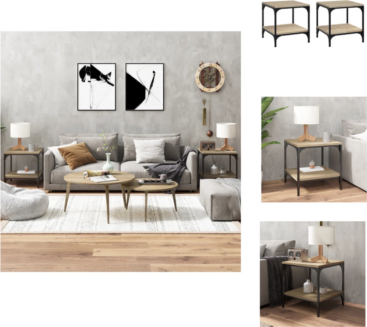 VidaXL Bijzettafels Industrieel 40 x 40 x 40 cm Sonoma eiken Montagehandleiding incl 2 stuks Tafel