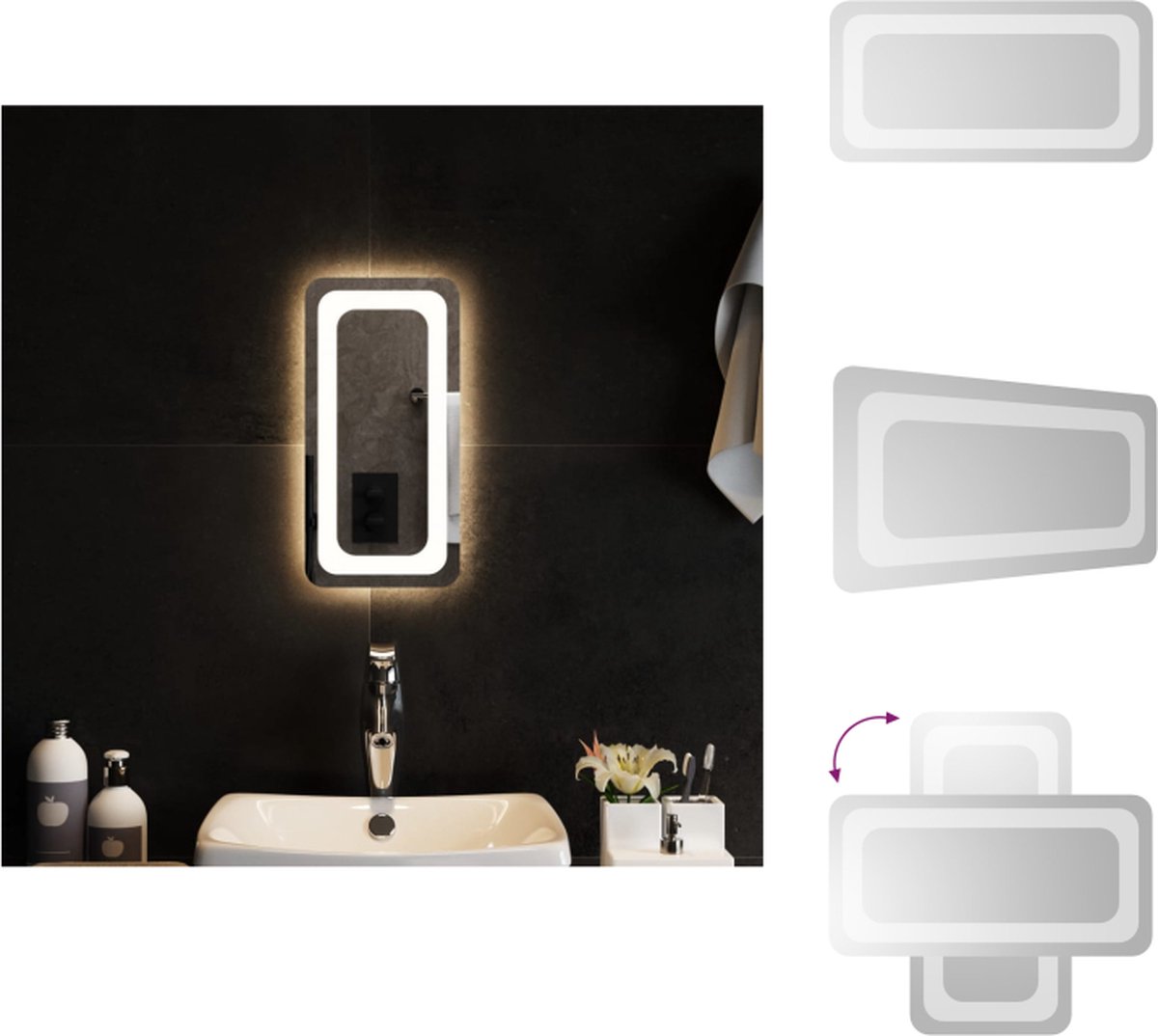 VidaXL LED-badkamerspiegel IP65 waterdicht USB-interface eenvoudige installatie 20x40cm glas 1.5m USB-kabel 5V IP65 klasse incl 3 haken 2 bevestigingsclips Spiegel