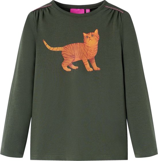 vidaXL-Kindershirt-met-lange-mouwen-kattenprint-116-kakikleurig