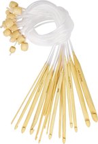 Curtzy Crochets en bois de bambou avec câble en plastique (16 paires) – Tailles 2-12 mm – Ensemble de crochets tunisiens en perles – Pour projets de fils à tricoter, de tissage et de crochet