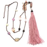 Behave Ketting - lange ketting - brons kleur - roze - met kwast - met hanger - 63 cm