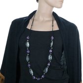 Behave Lange kralen ketting - transparante en paarse kralen - zwart- touw- 110 cm