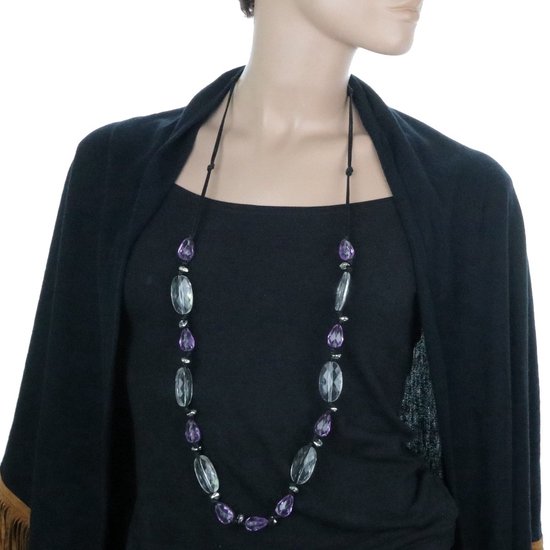 Behave Long collier de perles - perles transparentes et violettes - noir - corde - 110 cm