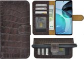 Motorola Moto G54 Hoesje - Bookcase - Moto G54 Hoesje Book Case Wallet Echt Leer Croco Chocoladebruin Cover