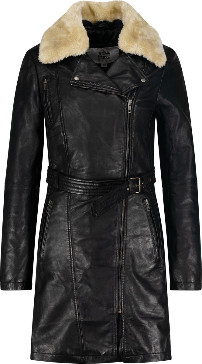 Urban5884® - Milou - Dames Lang Winter Jas Lams Leer Trenchcoat met Riem Faux Fur - Zwart - S