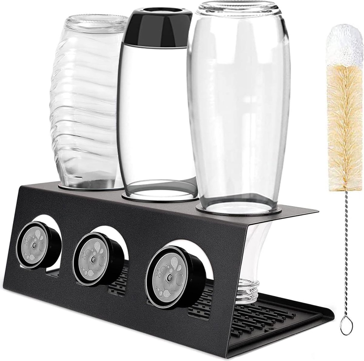 Goedkoopste Flessenhouder voor 3 druppelhouders gemaakt van roestvrij staal met verwijderbare druppelbak en dekselhouder, druppelstandaard voor SodaStream Crystal en Emil flessen.