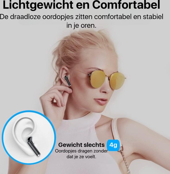 Vrouw met zonnebril in profiel, met zwart oordopje in oor. Inzet: oordopje in schematisch oor. Tekst 'Gewicht slechts 4g'.