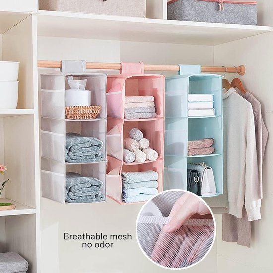 Hangende plank kledingkast, 3 compartimenten hangende organizer kast met 9 mesh zijvakken voor de gezinsgarderobe slaapkamer, opvouwbaar en universeel passend 30 x 22,5 x 60 cm (roze drie lagen)