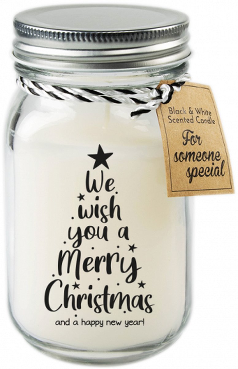 Snoepkado.com Kaars - We wish you a Merry Christmas - In glazen pot zwart wit