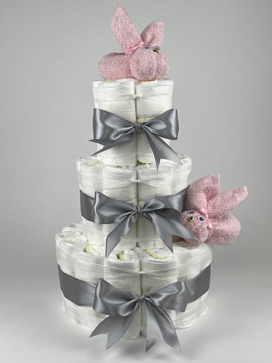 Chouette-Chouette | Luiertaart Meisje | Kraamcadeau | Geboorte Meisje | Babyshower | Konijnen Roze - Grijs