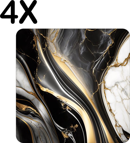 BWK Luxe Placemat Zwart met Wit en Gouden Marmer Set van 4