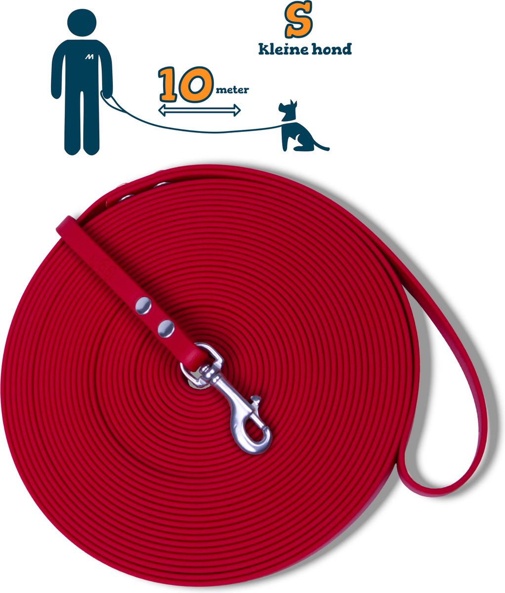 Miqdi lange lijn - BioThane – rood - 10 meter lang – 9mm breed – XS/S – kleine hond – lange hondenriem