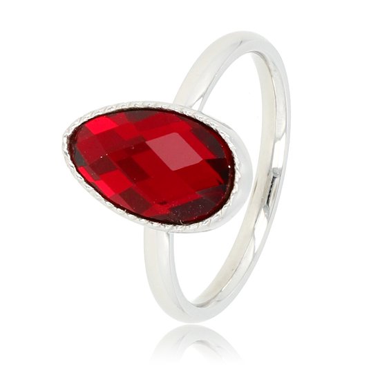 My Bendel - Zilverkleurige ring met getwist randje en een red glassteen - Zilverkleurige ring met getwist randje en een rode glassteen - Met luxe cadeauverpakking