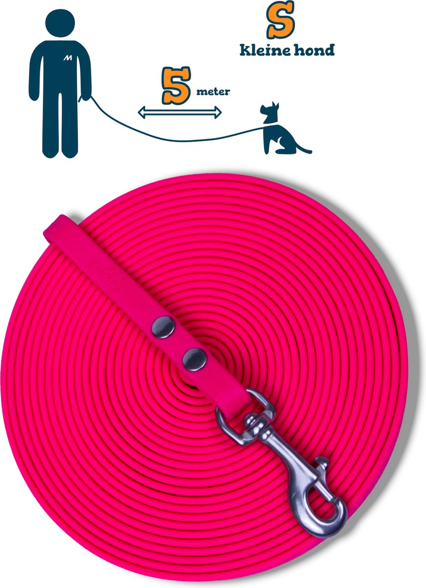 Miqdi BioThane® Sleeplijn 5 meter – zonder handvat – S (9 mm) – neon roze – waterdicht & sterk