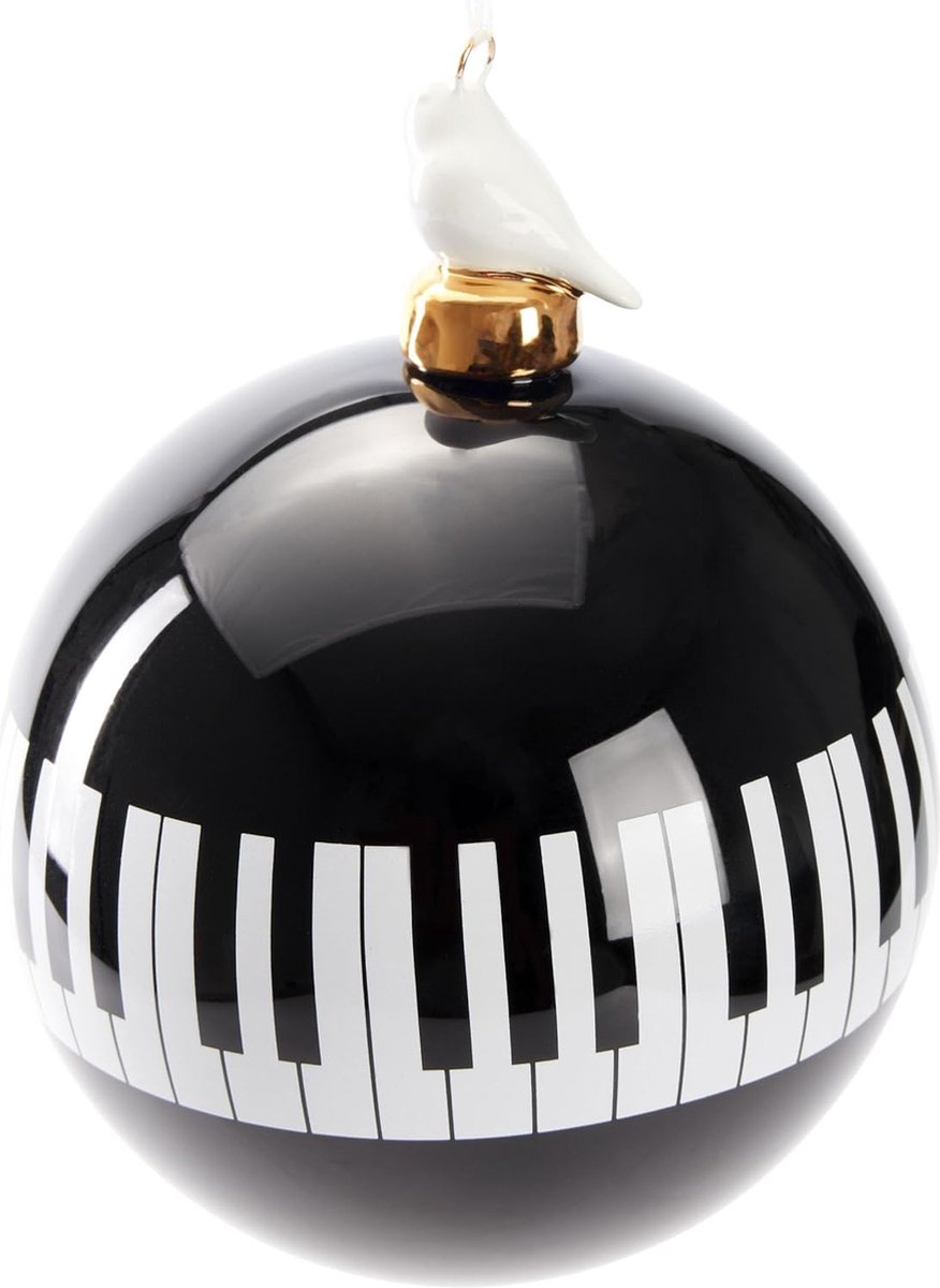 Brubaker Premium Kerstbal Piano - Zwart En Wit Met Porseleinen Vogelfiguur - 3,9 Inch (10 Cm) Glazen Bal - Kerstboom Bal Pianotoetsen Voor Muzikanten En Pianospelers