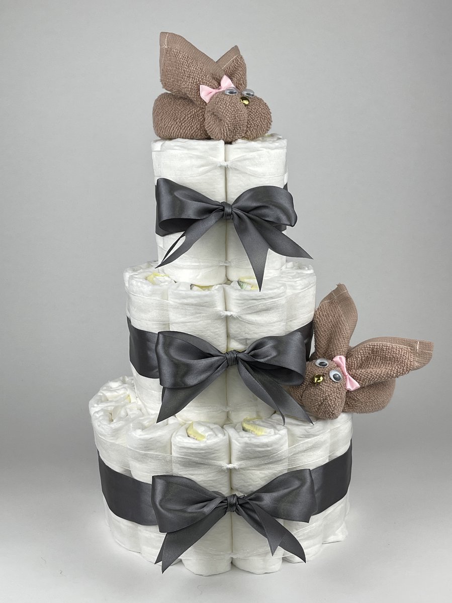 Goedkoopste Chouette-Chouette | Luiertaart Meisje | Kraamcadeau | Geboorte Meisje | Babyshower | Konijnen Pinkstone - donker Grijs