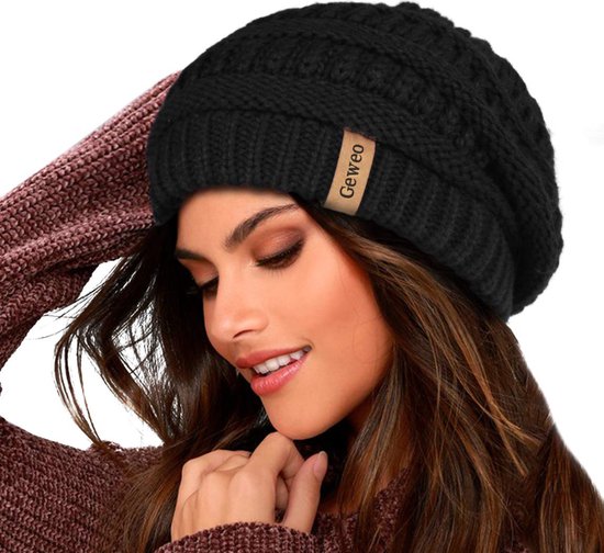 Geweo Beanie Muts - Wintermuts - Warme Mutsen - Gebreide Skimutsen - Heren Dames - Gevoerd Wol - Zwart