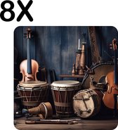 BWK Luxe Placemat - Vintage Instrumenten - Muziek - Set van 8 Placemats - 50x50 cm - 2 mm dik Vinyl - Anti Slip - Afneembaar