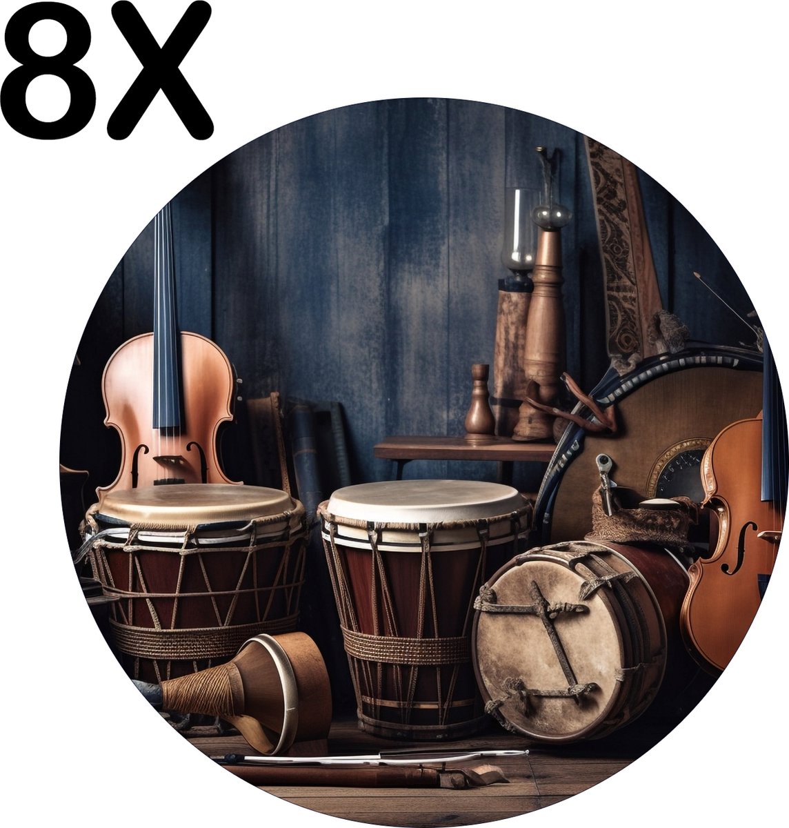 BWK Luxe Ronde Placemat - Vintage Instrumenten - Muziek - Set van 8 Placemats - 50x50 cm - 2 mm dik Vinyl - Anti Slip - Afneembaar