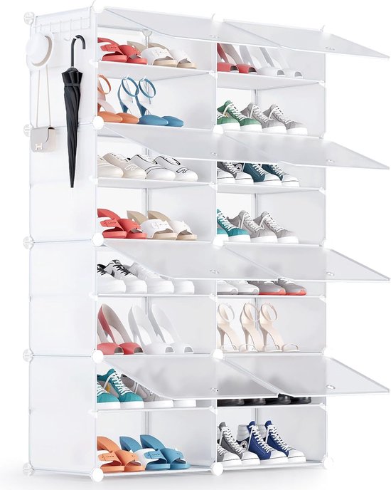 Schoenenrekken voor 32 paar schoenen, Schoenenkast met 2 x 8 niveaus, Stofdicht schoenenrek, Schoenenopslag voor gang, slaapkamer, kledingkast, entreegebied - Wit
