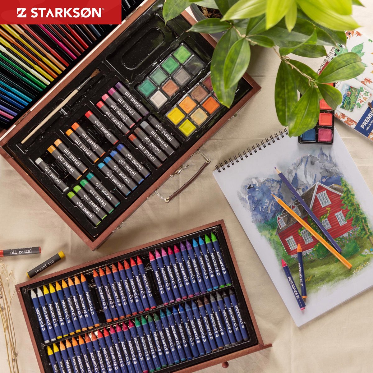 STARKSØN 141-Delige Houten Tekenkoffer Set Incl. Kleurpotloden, Oliepastel Krijt, Waterverf & Aquarelverf - Teken Doos - Teken Koffer Voor Kinderen & Volwassenen — afbeelding 3