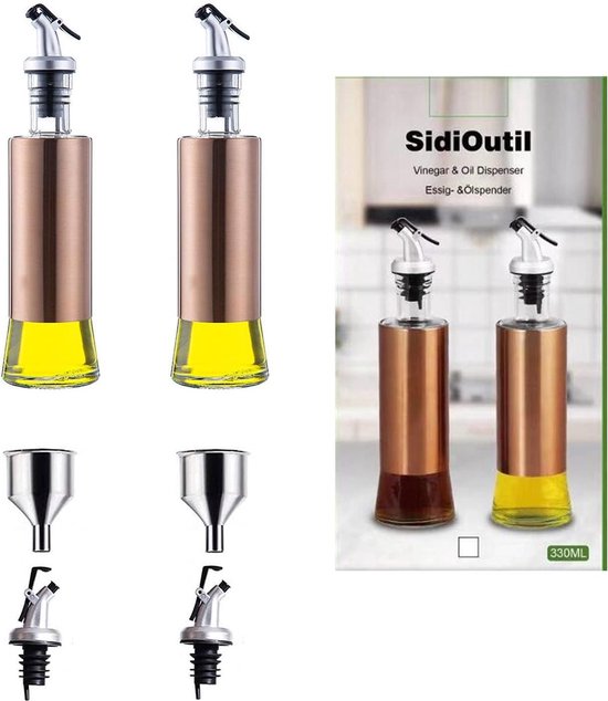 Premium Olijfolie en Azijn Dispenser Flessen Set, Olie Fles, Roestvrij Staal, Transparant, 330 ml, Glazen Olie Fles, Lekvrije Glazen Olie Fles met 2 Roestvrij Stalen Trechters, 2 Druppelaars.