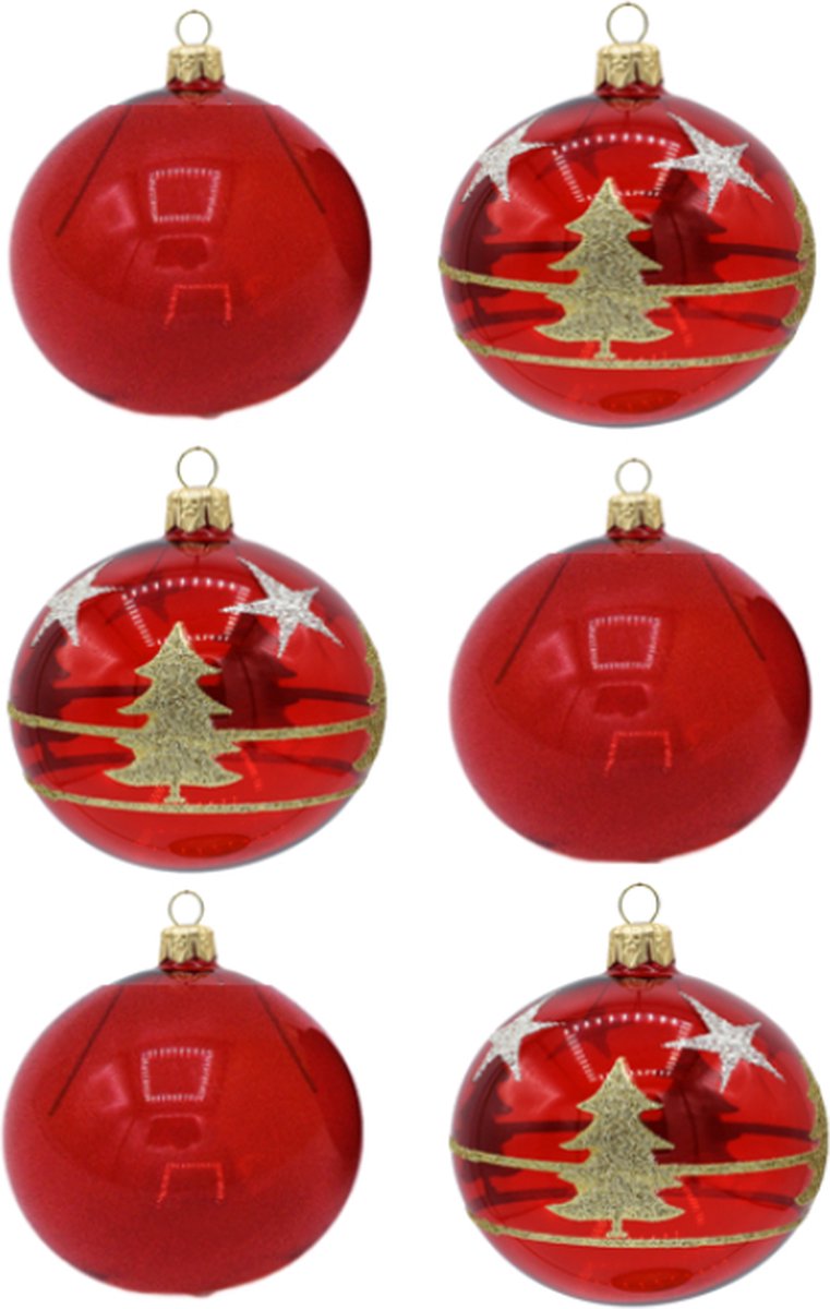 Transparante Rode Kerstballen met gouden glitter kerstbomen & sterren en effen transparant rood - Doosje met 6 glazen kerstballen