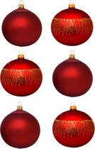 Rode Kerstballen met gouden glitter lijntjes en effen mat rood - Doosje met 6 glazen kerstballen