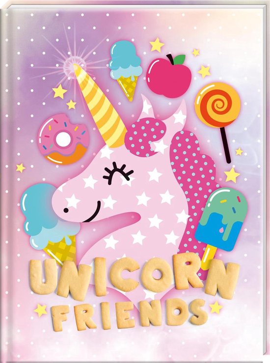 Roze eenhoorn met stippen en sterren, omringd door snoepjes, ijsjes, een appel en de tekst 'UNICORN FRIENDS'.