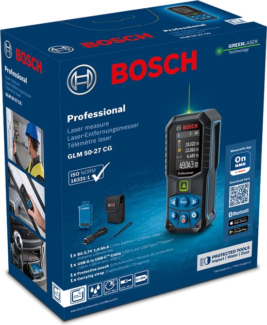 Verpakking van Bosch Professional laser afstandmeter GLM 50-27 CG. Afbeelding toont apparaat, accessoires en specificaties.